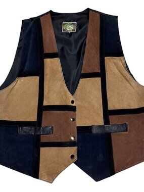 VINTAGE LEARSI Genuine Leather 90s Suede Patchwork Brown Casual Vest Womens 2X